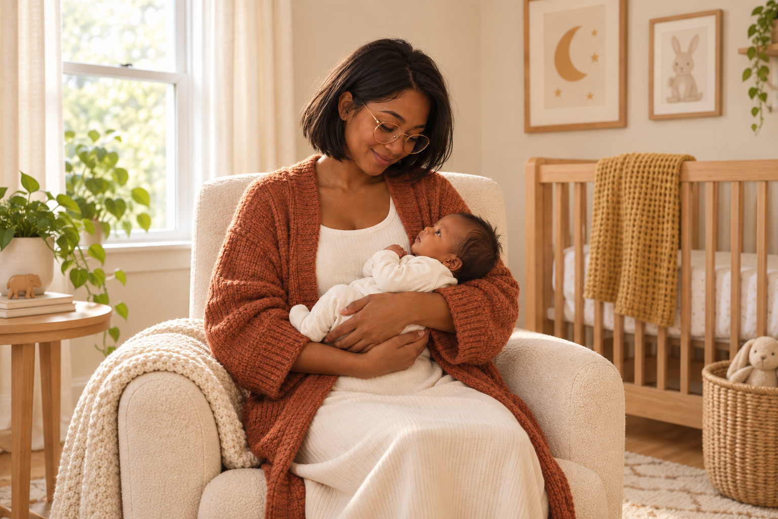 A parent holding a newborn in a cozy nursery