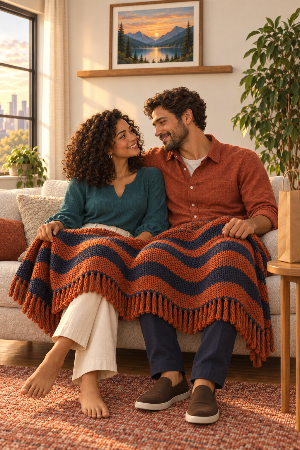 A curly-haired woman in teal and a man in rust sharing a blanket on their sofa
