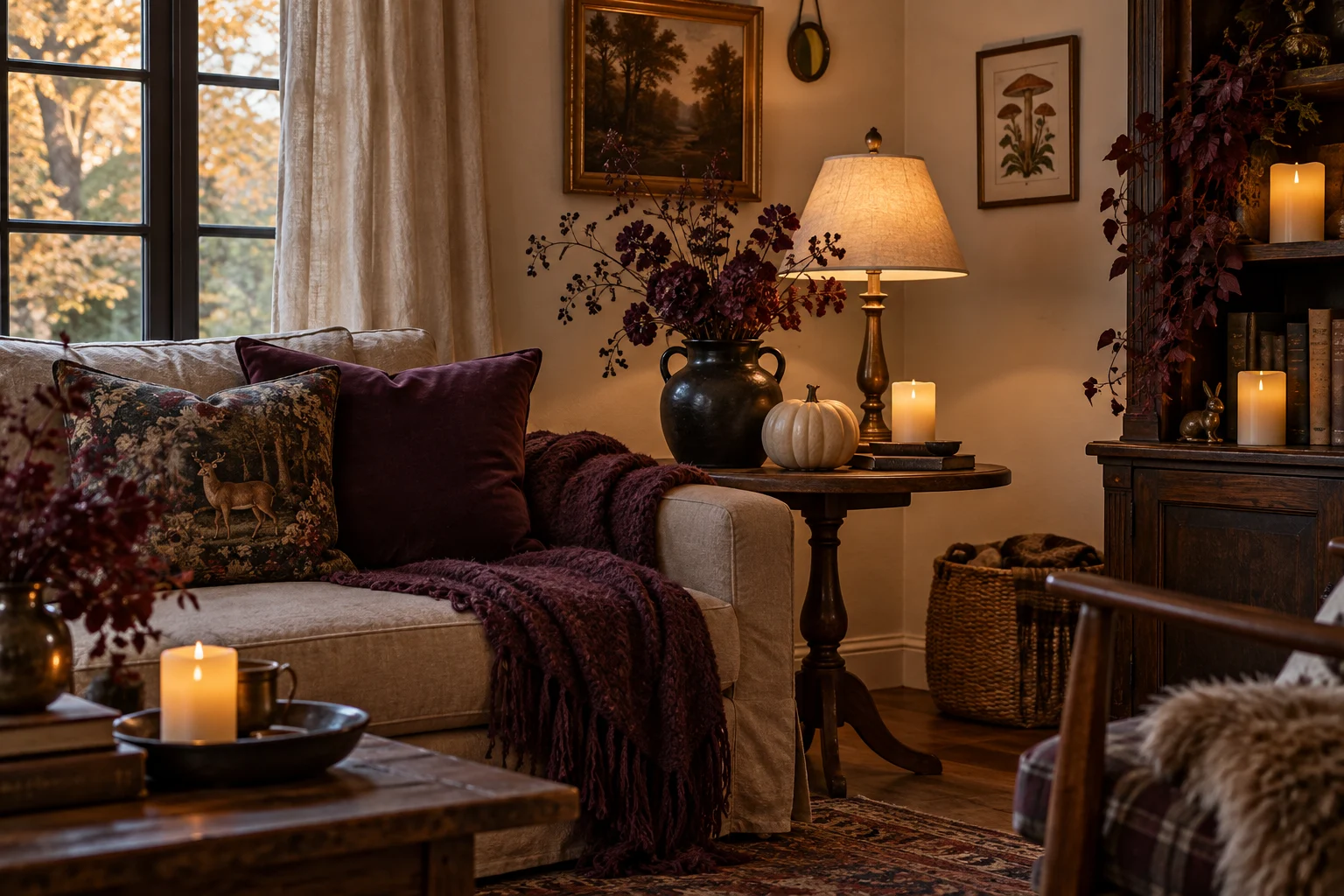 A cozy cream sofa with plum textiles, a black botanical vase, a ceramic pumpkin, and warm lamplight.