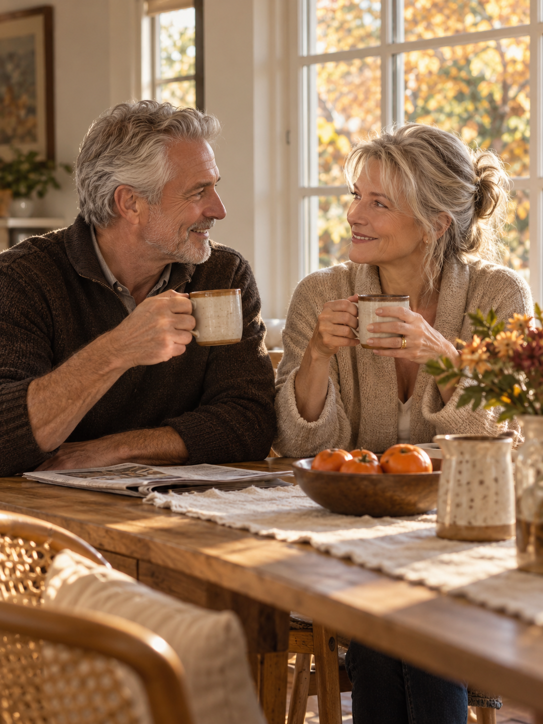 A mature couple sharing morning coffee at home