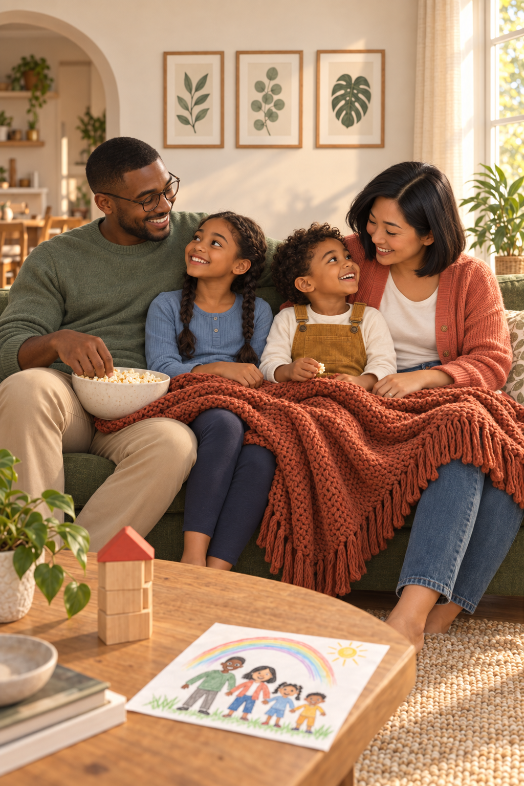 Two parents and their two children sharing popcorn under a terracotta blanket on a green sofa