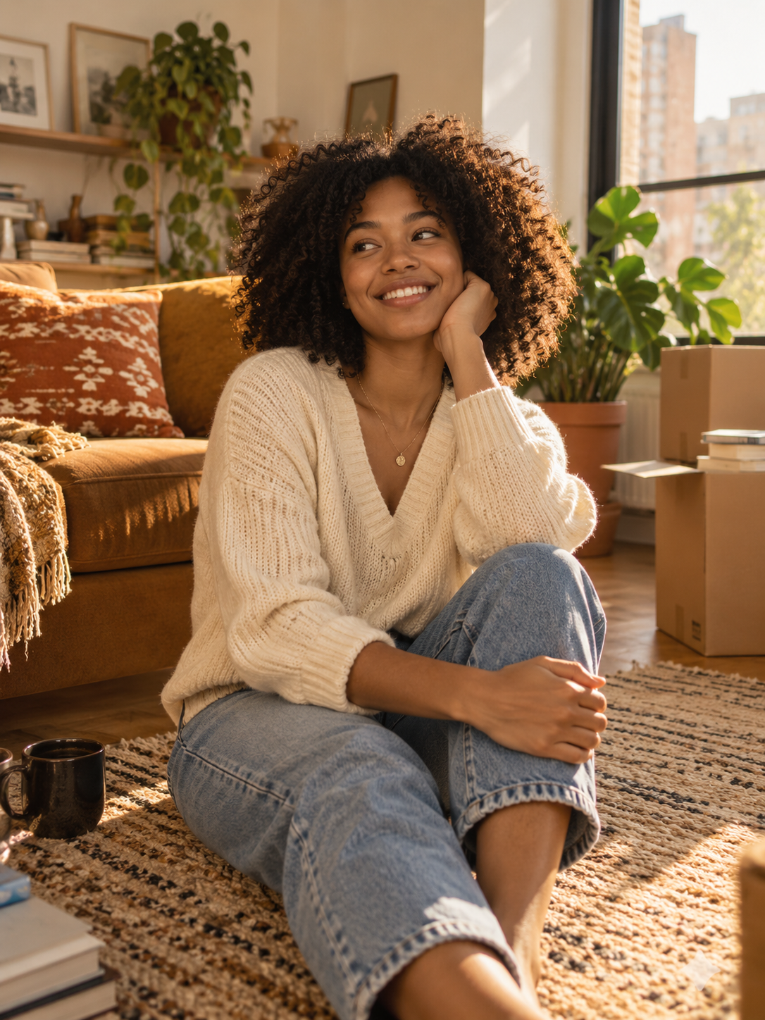 Woman settling into a new home