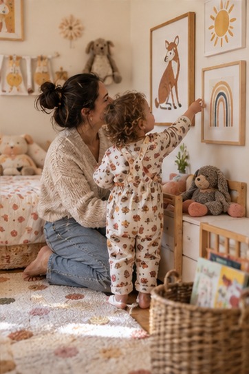 Parent and toddler choosing art for a child’s room
