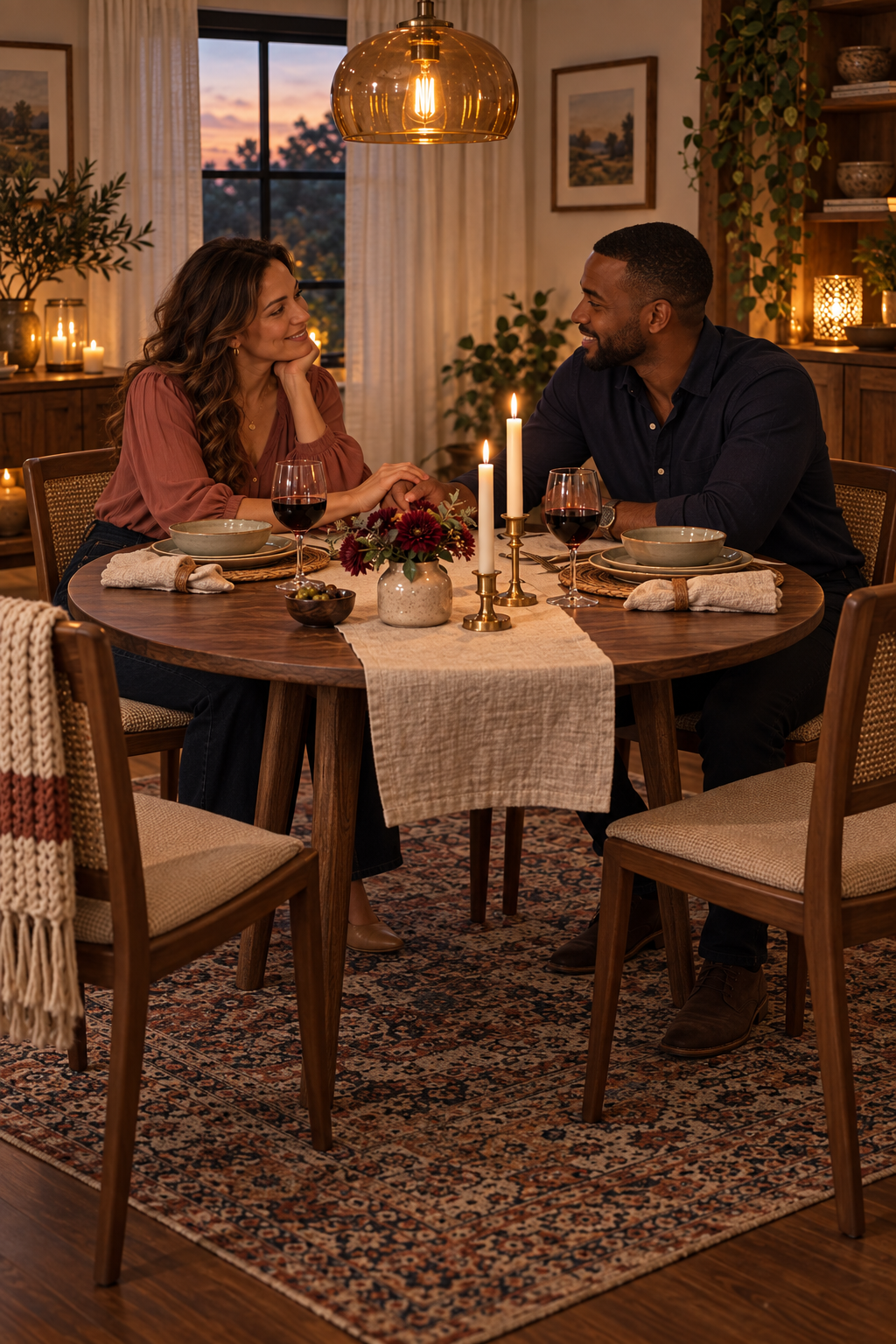 A couple holding hands over a candlelit dinner in their warmly decorated home