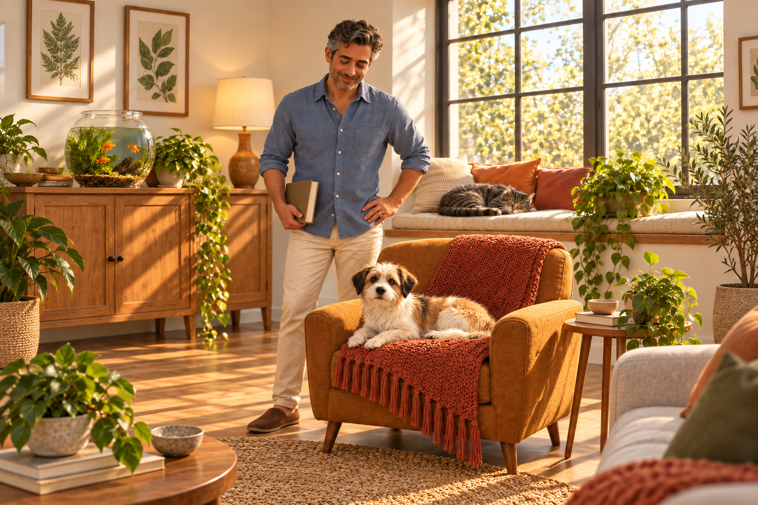 Man at home with his dog, sleeping cat, and fish
