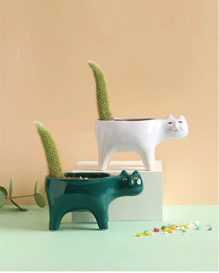 Cat-shaped ceramic planter