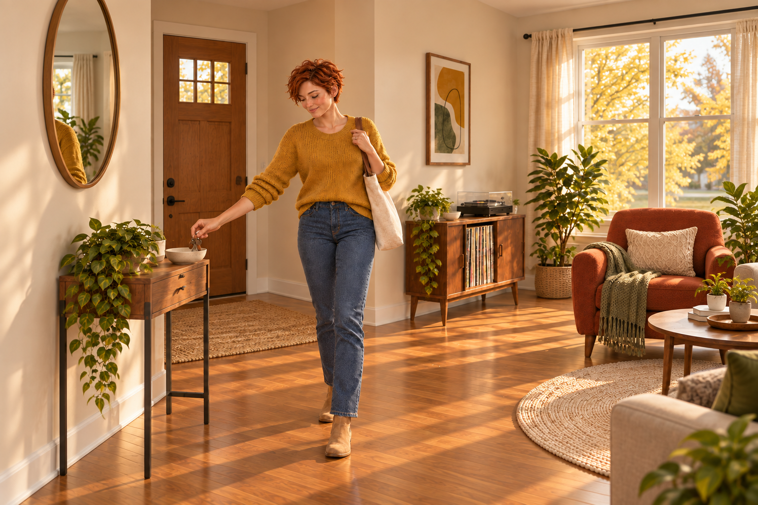 Red-haired woman arriving in her warm, personal home