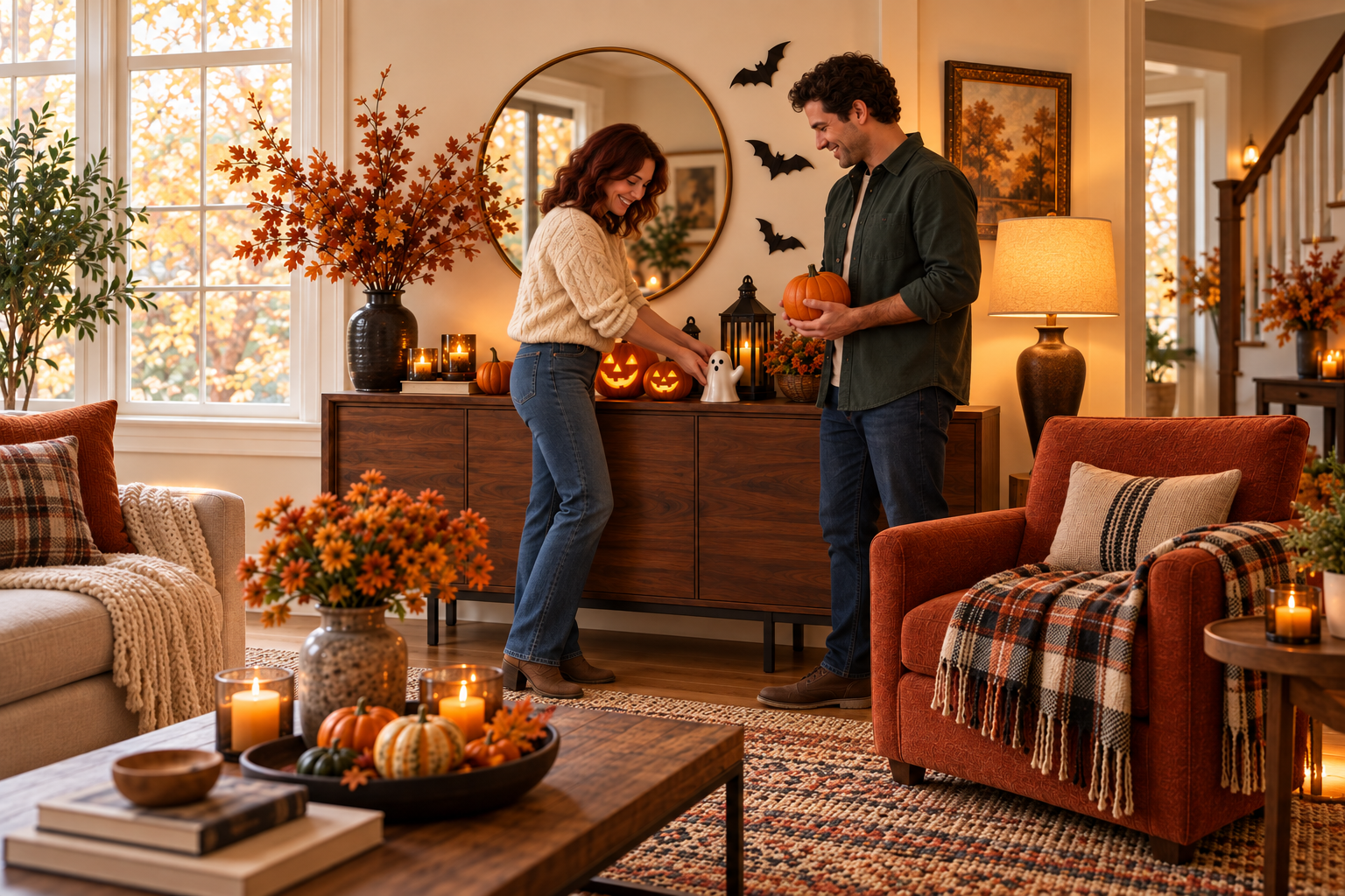 A couple decorating their cozy Halloween home with pumpkins and friendly ghosts