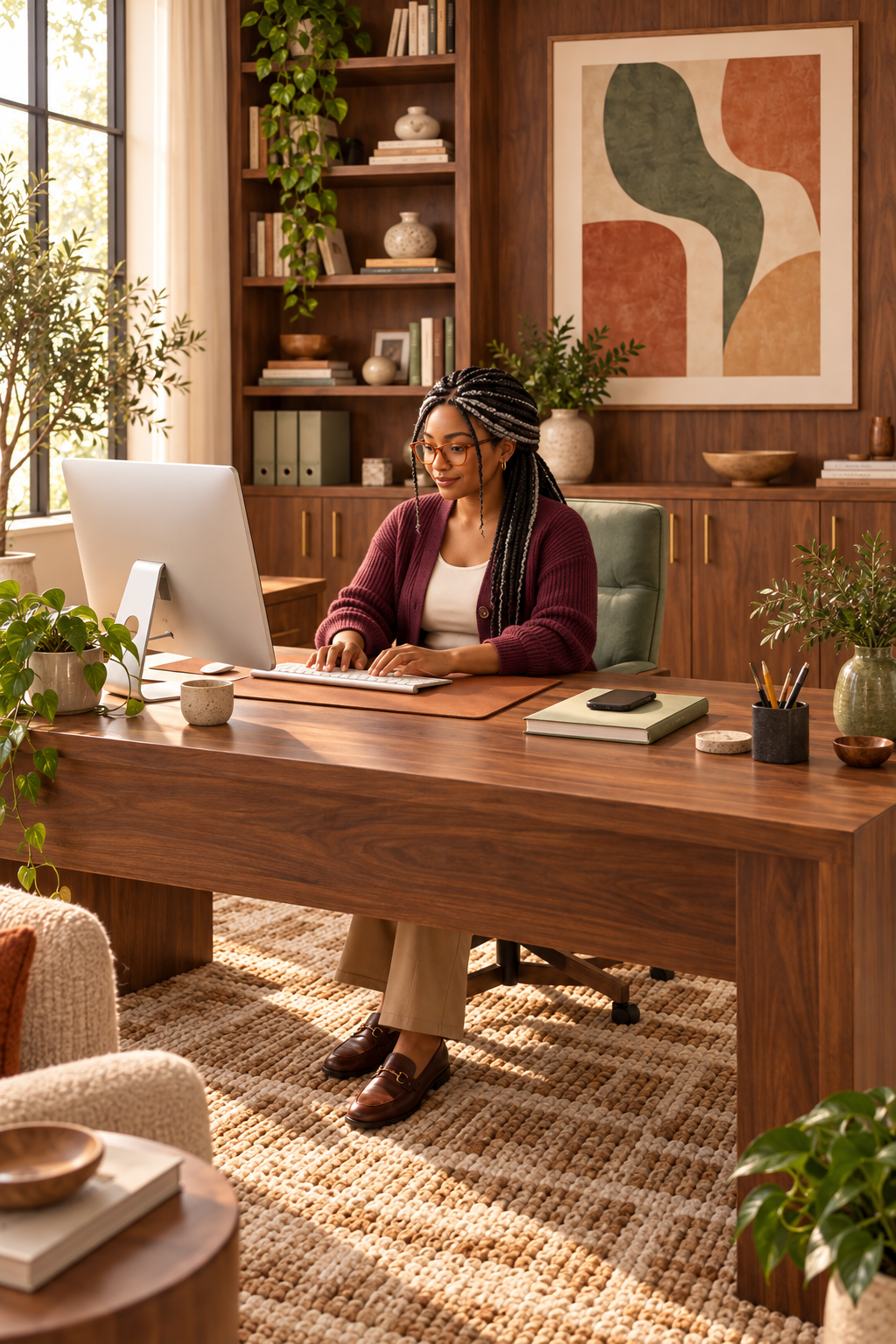 Woman with silver-streaked braids working in a warmly decorated office