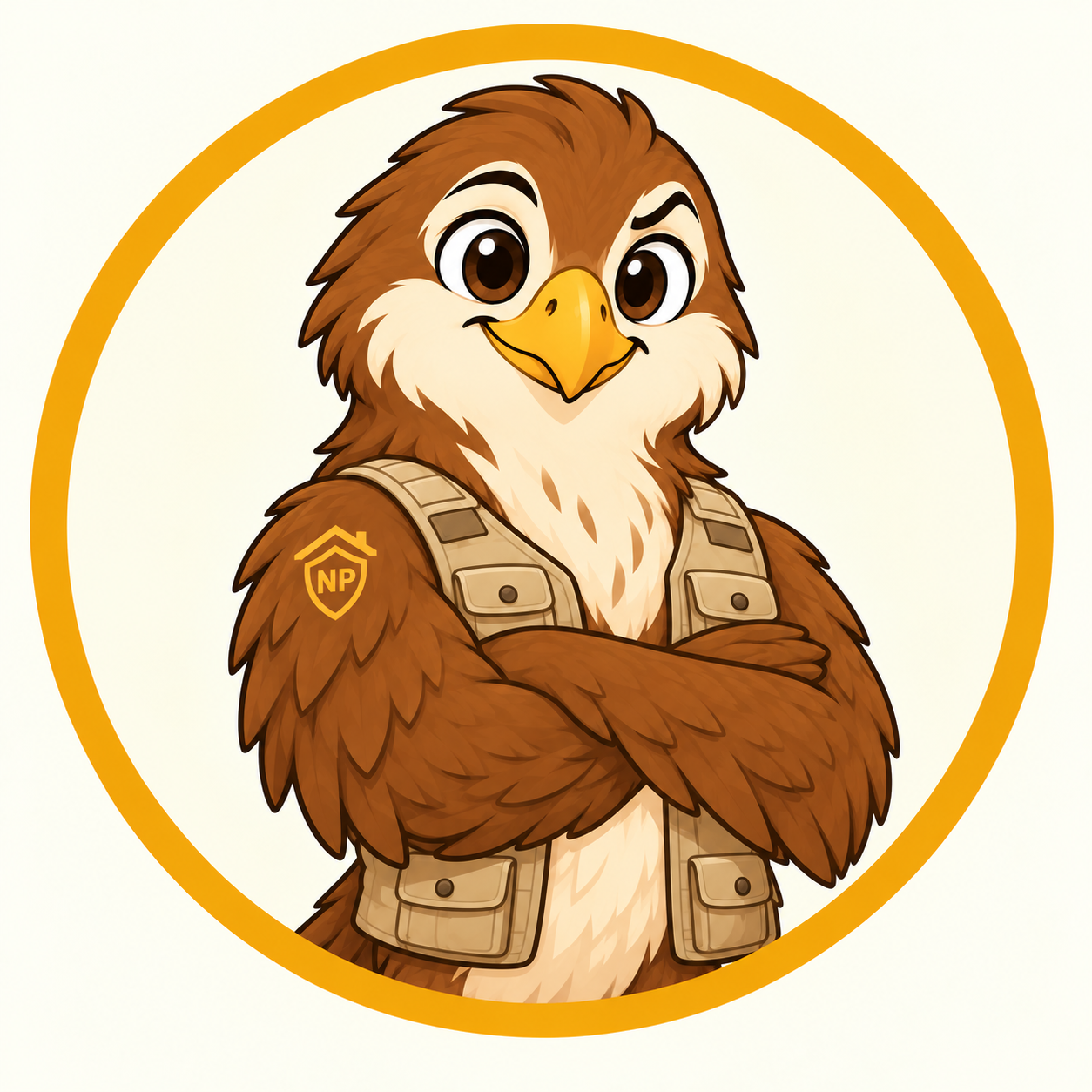 Nesty, a friendly brown hawk in his utility vest, with his gold Nester Protector wing tattoo