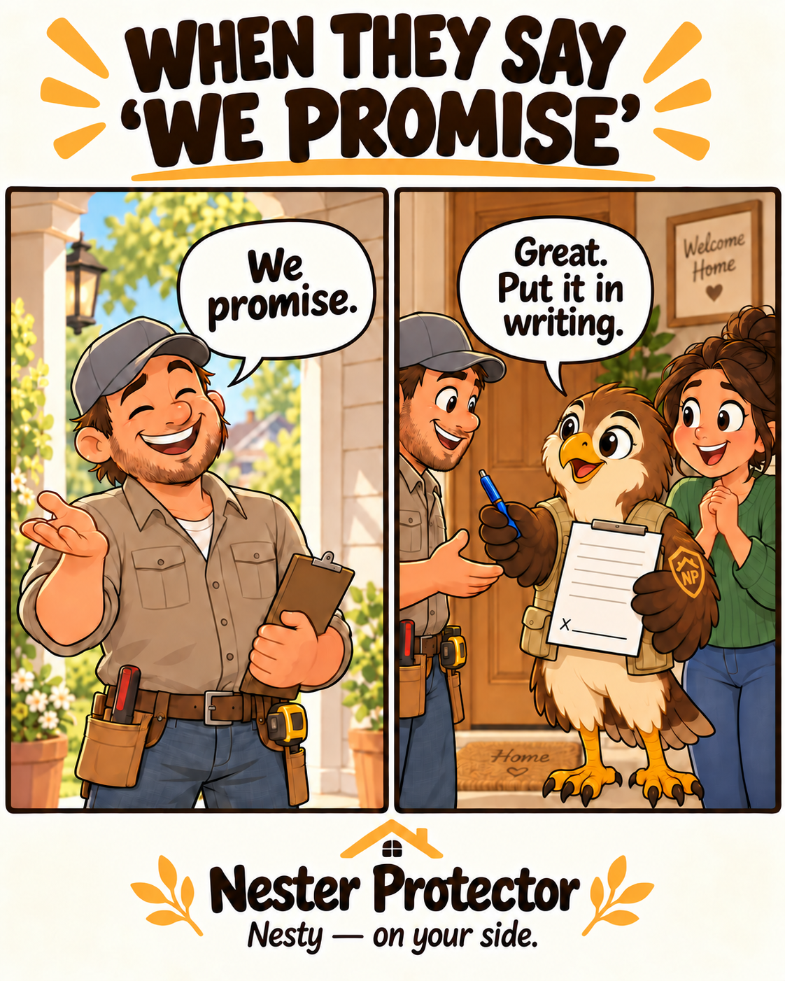 Nesty hands a contractor a pen to put his promise in writing while a reassured homeowner stands behind him